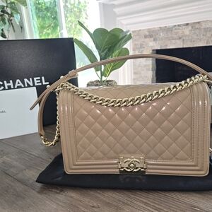 CHANEL Beige Quilted Patent Leather Boy Bag with Gold Chain
